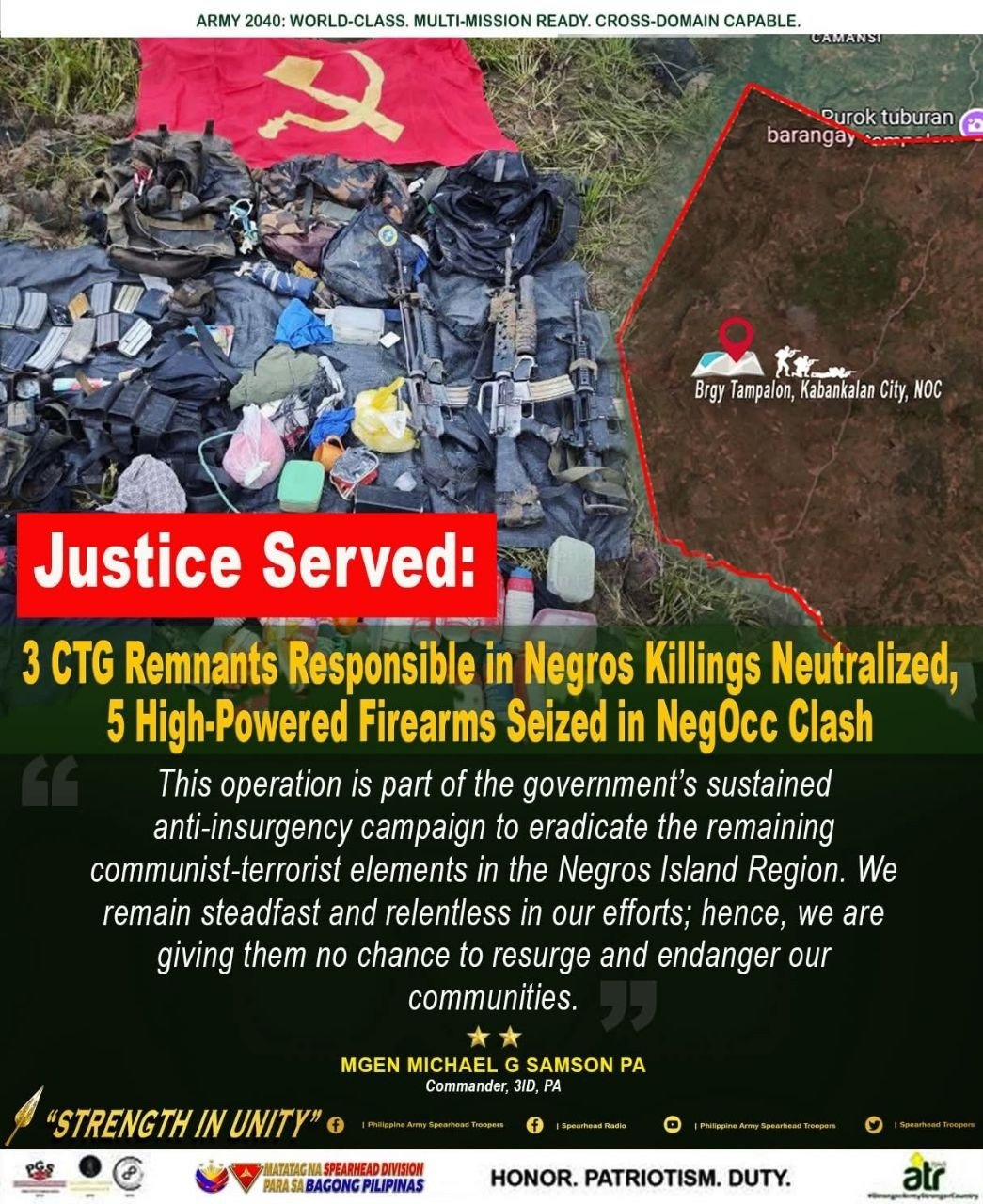 Three CTG Members Killed, Firearms Seized in Negros Occidental Clash 1 Photo from Philippine Army