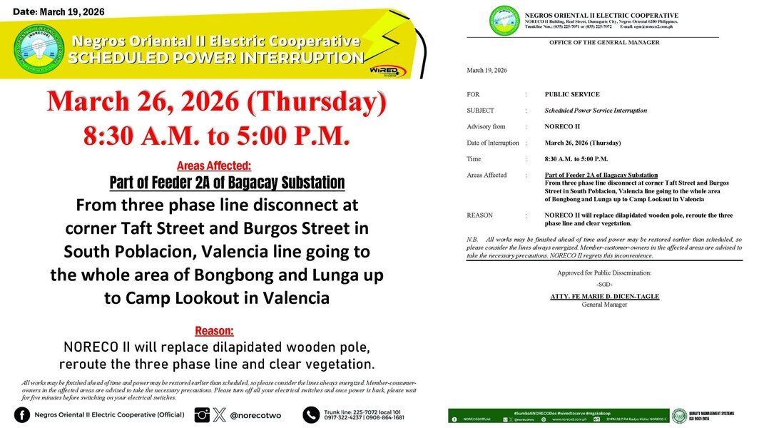NORECO II Schedules 8-Hour Power Outage in Valencia Areas March 26 1 Advisory courtesy of NORECO II