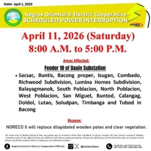 Bacong: NORECO II Announces 9-Hour Power Cut April 11