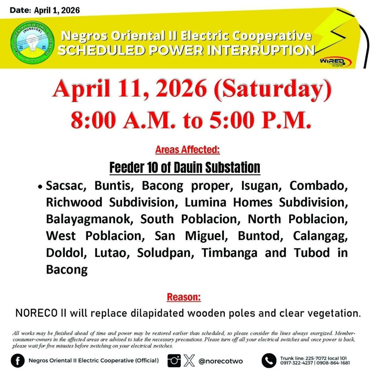 Bacong: NORECO II Announces 9-Hour Power Cut April 11 1 NORECO II Official Advisory