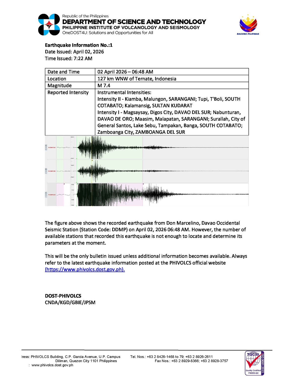 PHIVOLCS-DOST Earthquake Bulletin