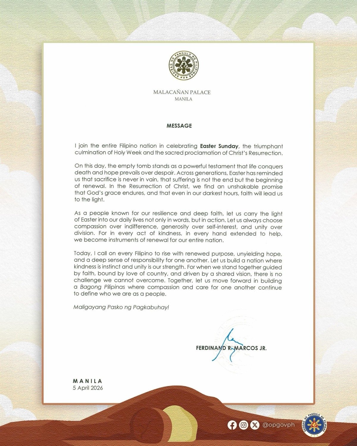 Marcos Says Easter Message Should Inspire a More United Bagong Pilipinas 4 President Ferdinand Marcos Jr Easter Sunday Message April 5 2026