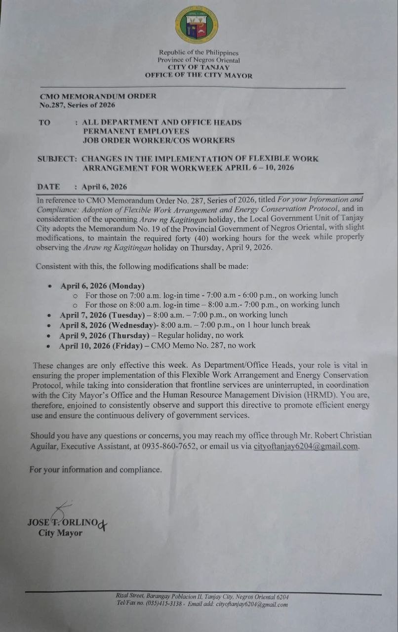 Tanjay: Extended Hours Set for Araw ng Kagitingan Week 7 Photo courtesy of Tanjay City Mayor's Office
