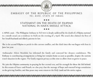 Filipina Perishes in Haifa Strike, War Claims Third Life