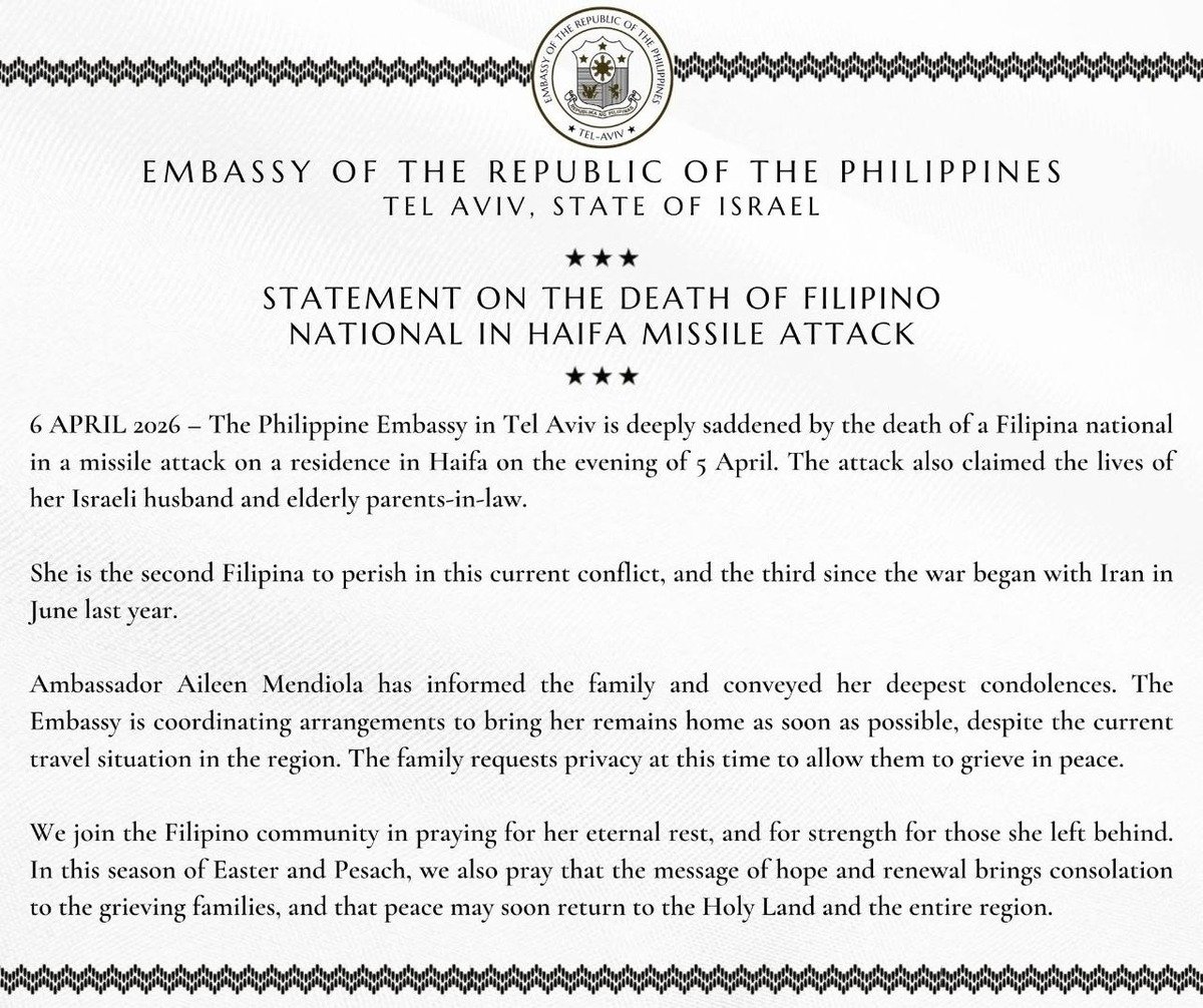 Filipina Perishes in Haifa Strike, War Claims Third Life 1 Photo from Philippine Embassy in Tel Aviv
