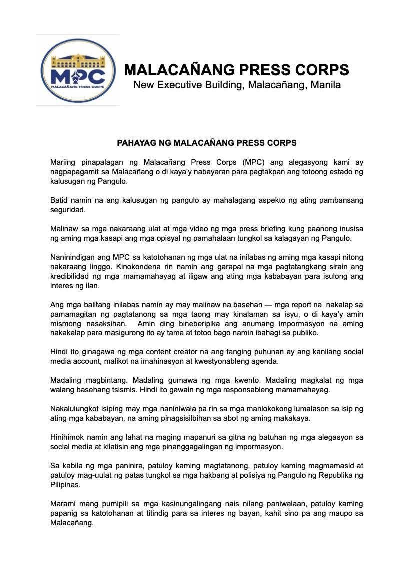 Palace Journalists Deny Bribery Claims in Health Coverage Row 1 Photo courtesy of Malacañang Press Corps