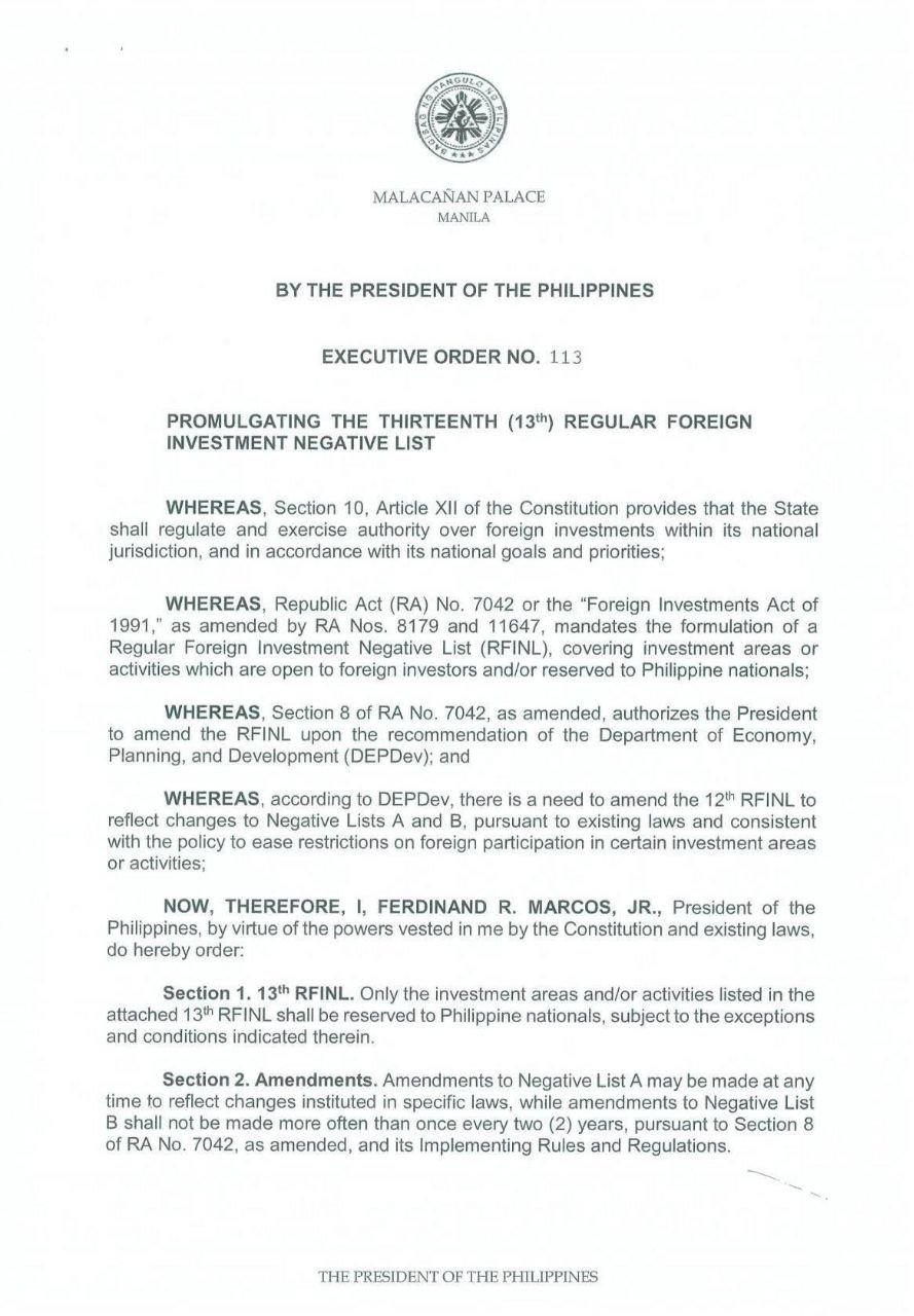 President Signs EO 113 Updating Foreign Investment Negative List 1 Photo courtesy of Malacañang Palace