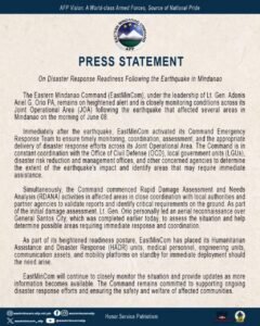 EastMinCom Mobilizes Troops After Mindanao Quake on June 8