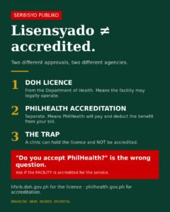 A DOH licence is not PhilHealth accreditation. Check both before you go.
