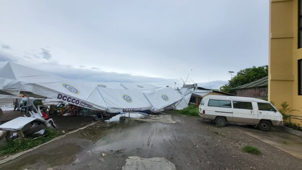 Canopies at the massage therapists' area knocked down by Typhoon Tino winds, November 4, 2025. (BNNO)